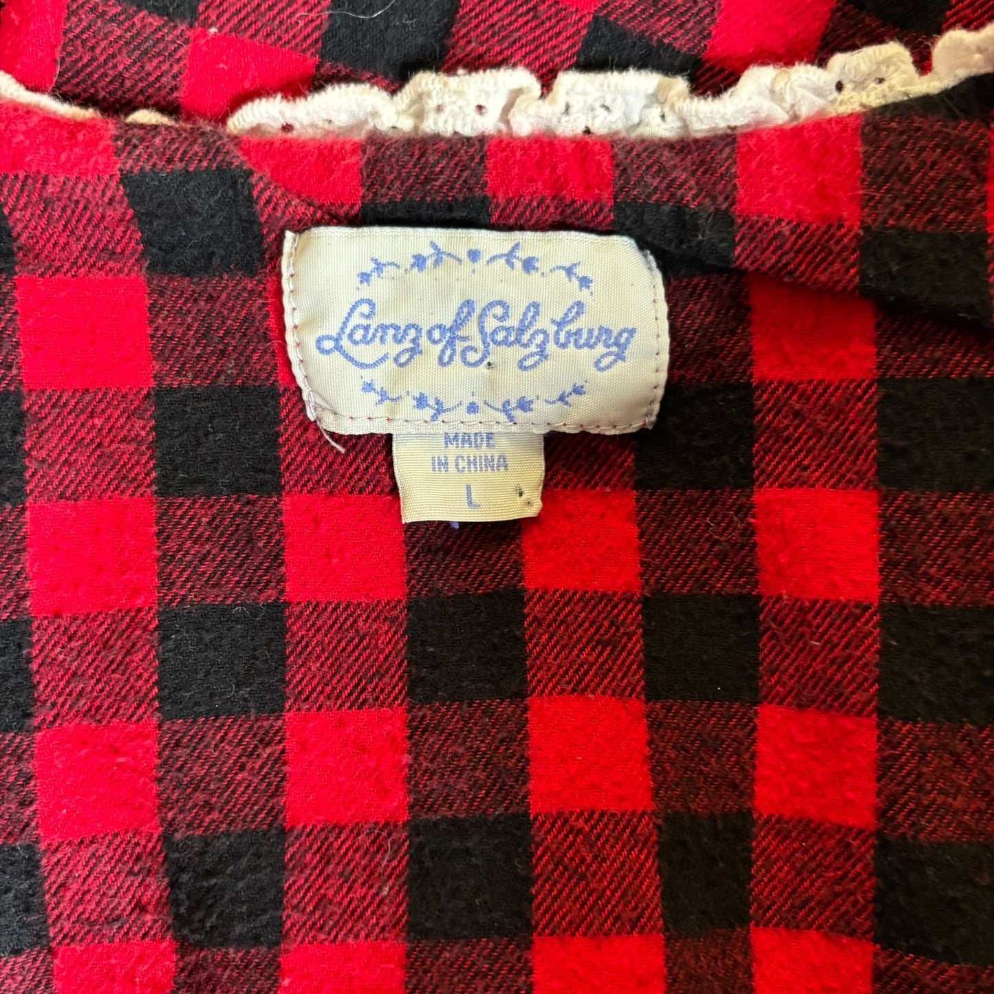 Lanz Of Salzburg Buffalo Plaid Flannel Nightgown Size Large Red Black Buttons
