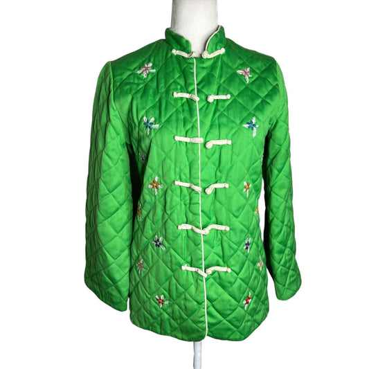 Vintage 70s Alfred Shaheen Quilted Asian Coat Small Green Frog Button Bell Sleeve