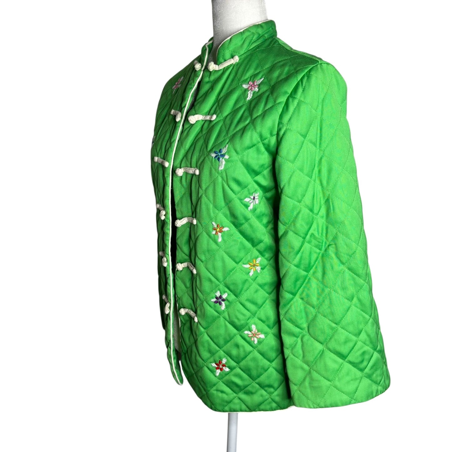 Vintage 70s Alfred Shaheen Quilted Asian Coat Small Green Frog Button Bell Sleeve