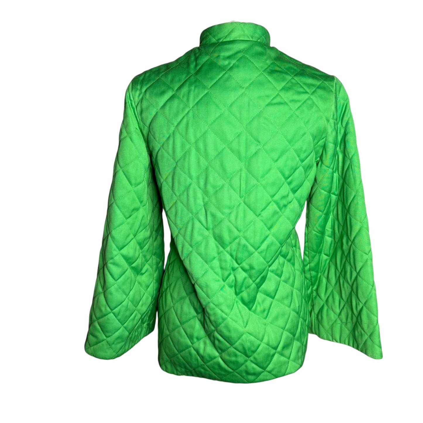 Vintage 70s Alfred Shaheen Quilted Asian Coat Small Green Frog Button Bell Sleeve