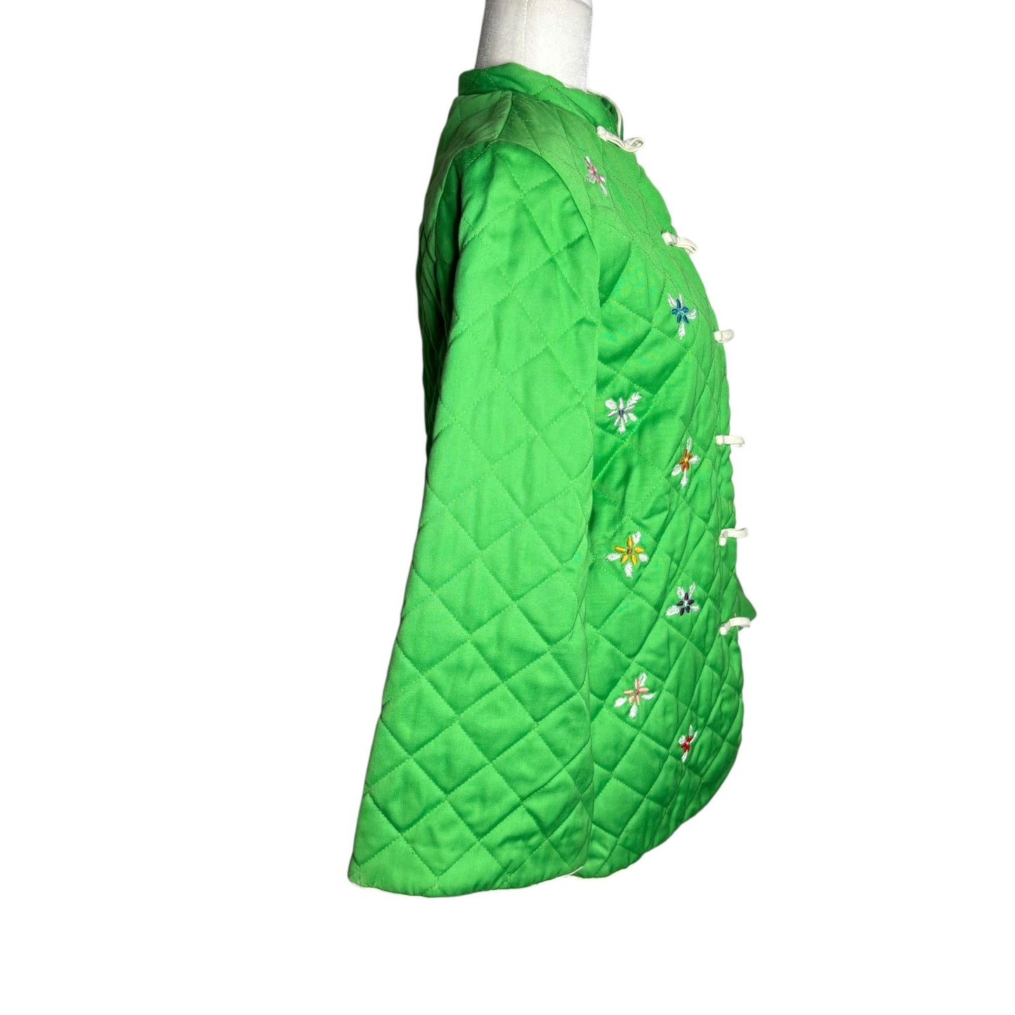Vintage 70s Alfred Shaheen Quilted Asian Coat Small Green Frog Button Bell Sleeve