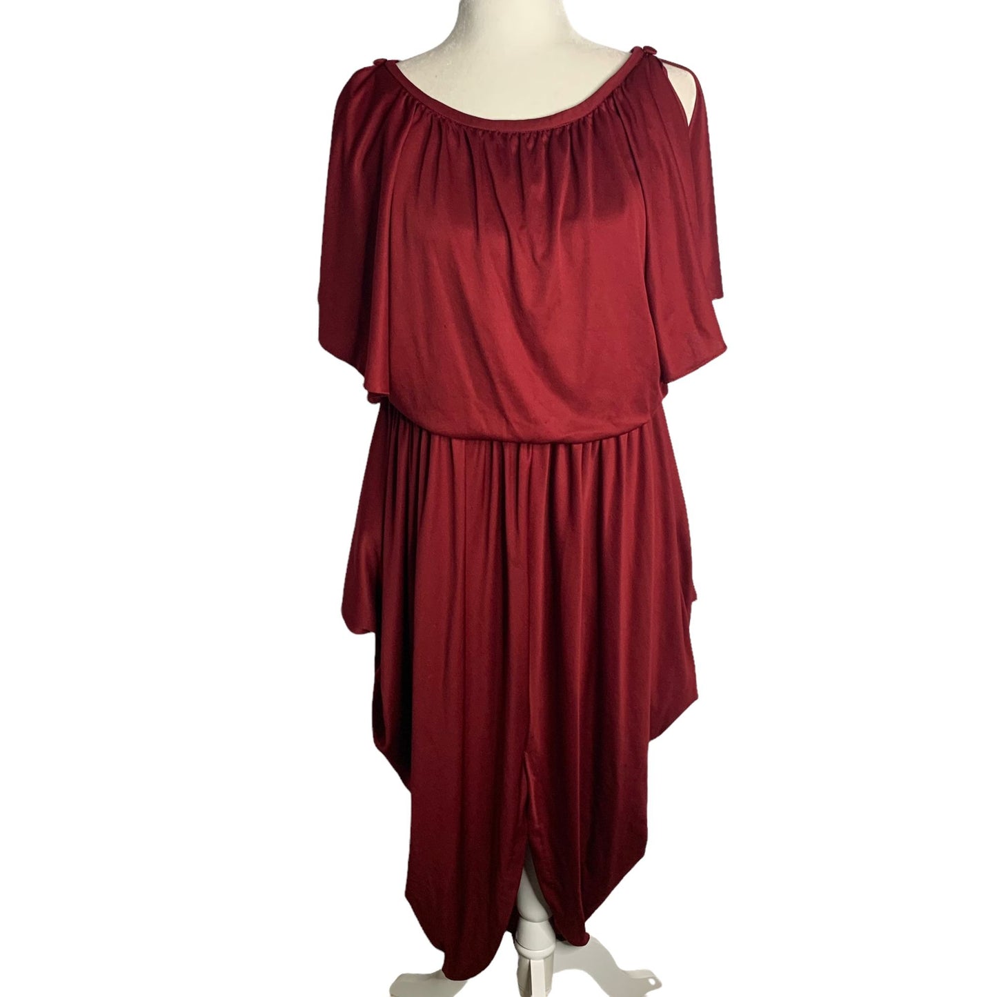 Vintage 70s Flutter Sleeve Cocoon Dress M Maroon Red Draped Disco Keyhole