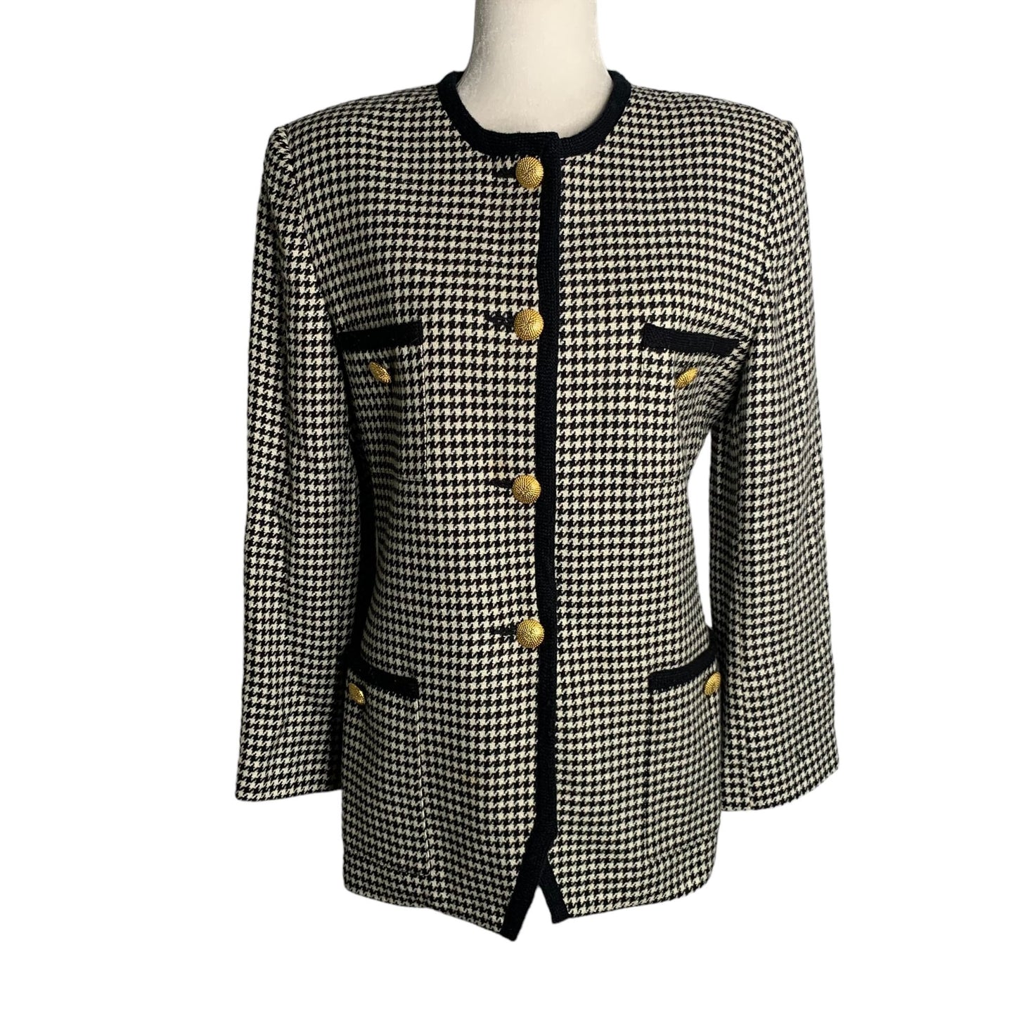 Vintage Oleg Cassini Wool Blazer Jacket 10 Black Houndstooth Buttons Pockets