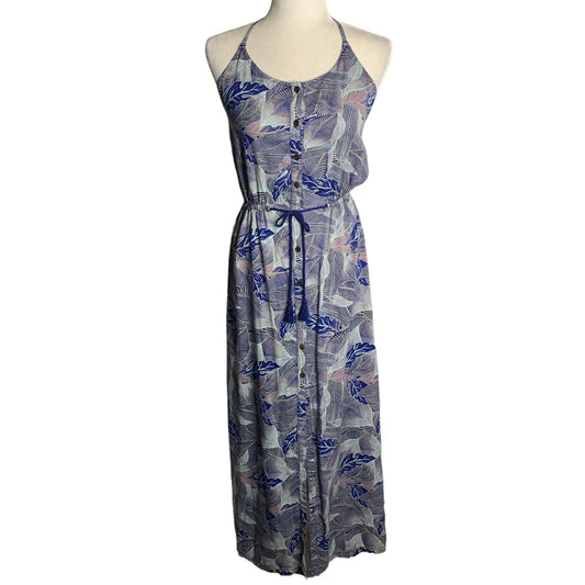 Roxy Sleeveless Button Up Maxi Dress XS Blue Floral Elastic Drawstring Waist