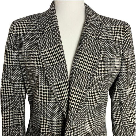 90s Liz Wear Wool Blend Blazer 6P Black White Check 2 Button Pockets Lined