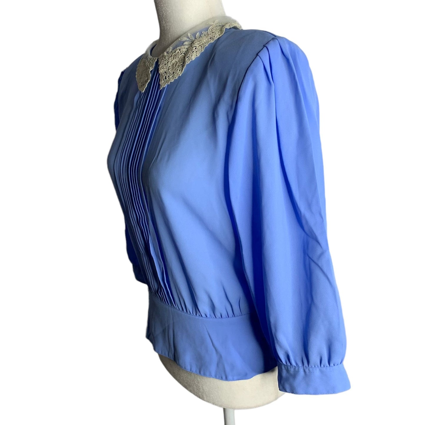 Vintage 80s Pleated Blouse S Blue Buttons Lace Collar 3/4 Sleeve Shoulder Pads