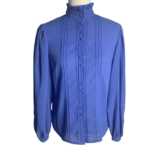 Vintage 80s Josephine Secretary Blouse M Blue Button Down Puff Sleeves