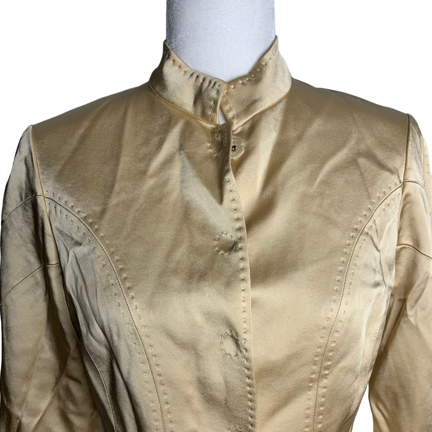 Eccoci Satin Blazer Jacket 4 Gold Snap Front Long Sleeve Lined Exposed Stitching