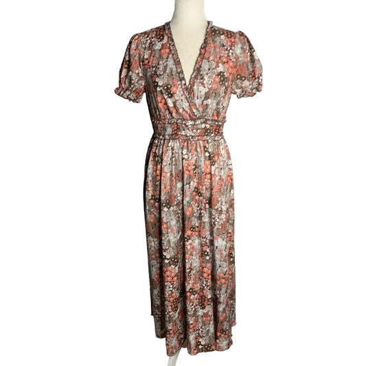 Faux Wrap Surplice Floral Maxi Dress M Brown Short Puff Sleeve Elastic Waist NEW