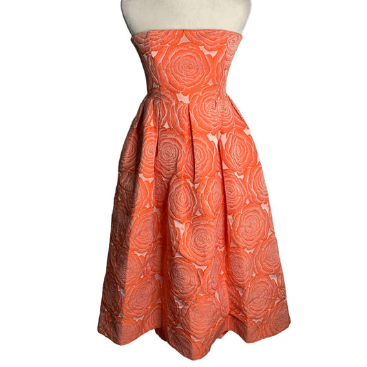 Rubber Ducky Floral Rose Ball Gown M Coral Orange Strapless High Low Zipper