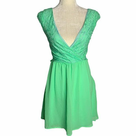 Enlin Deep V Lace Chiffon Mini Dress S Green Cap Sleeve Lined Zip NEW