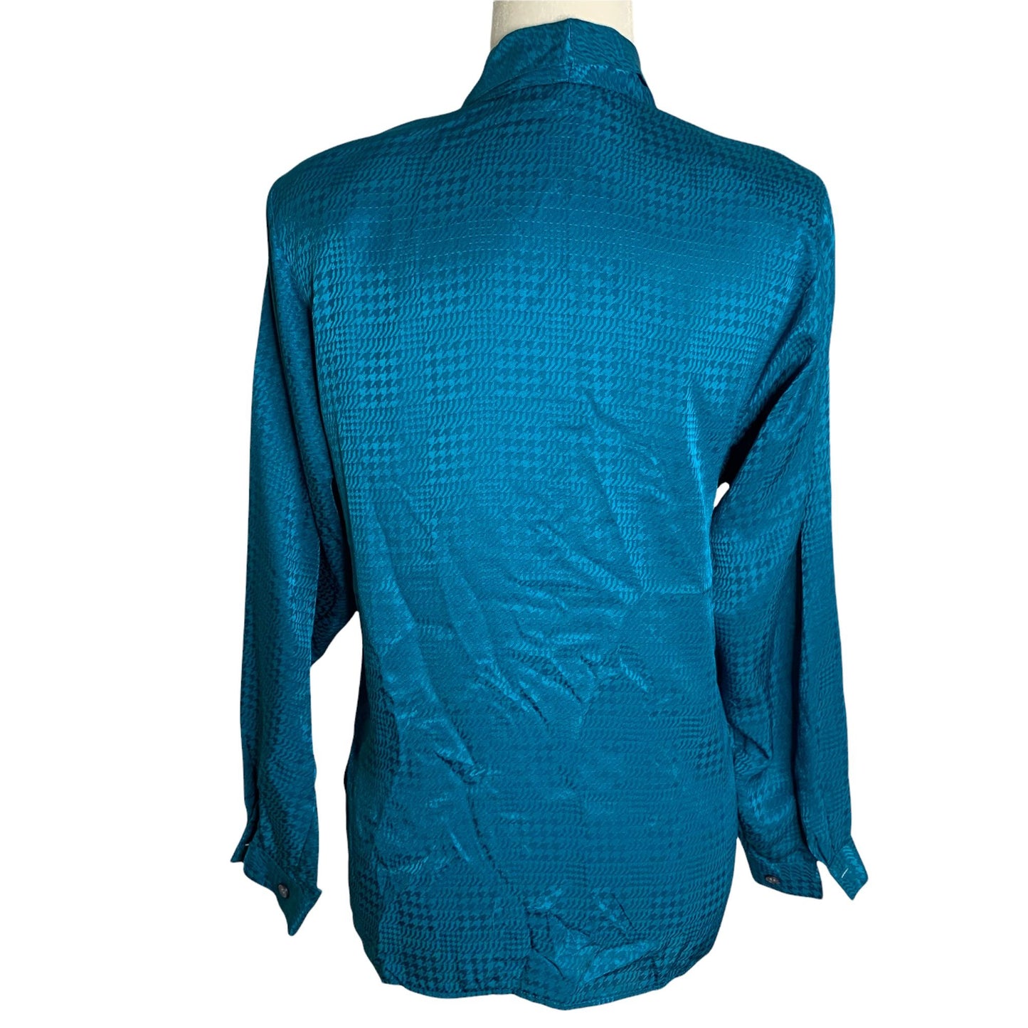 Vintage Silky Button Up Shirt M Teal Blue Long Sleeve Pocket Notch Collar