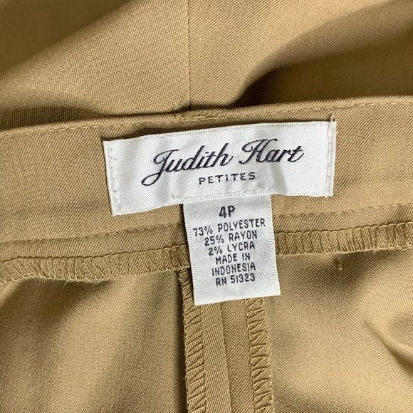 Vintage 90s Judith Hart Flat Front Pants 4 Petite Tan Brown Pockets Button Zip