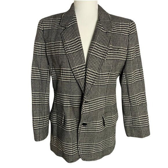 90s Liz Wear Wool Blend Blazer 6P Black White Check 2 Button Pockets Lined