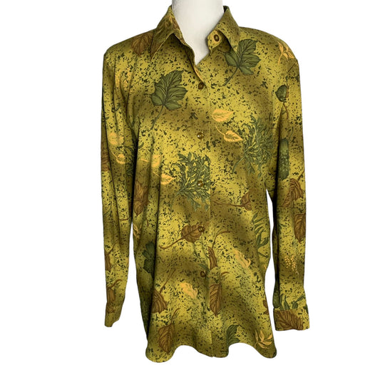 Vintage Microfiber Button Up Shirt M Green Leaves Floral Long Sleeve Collar