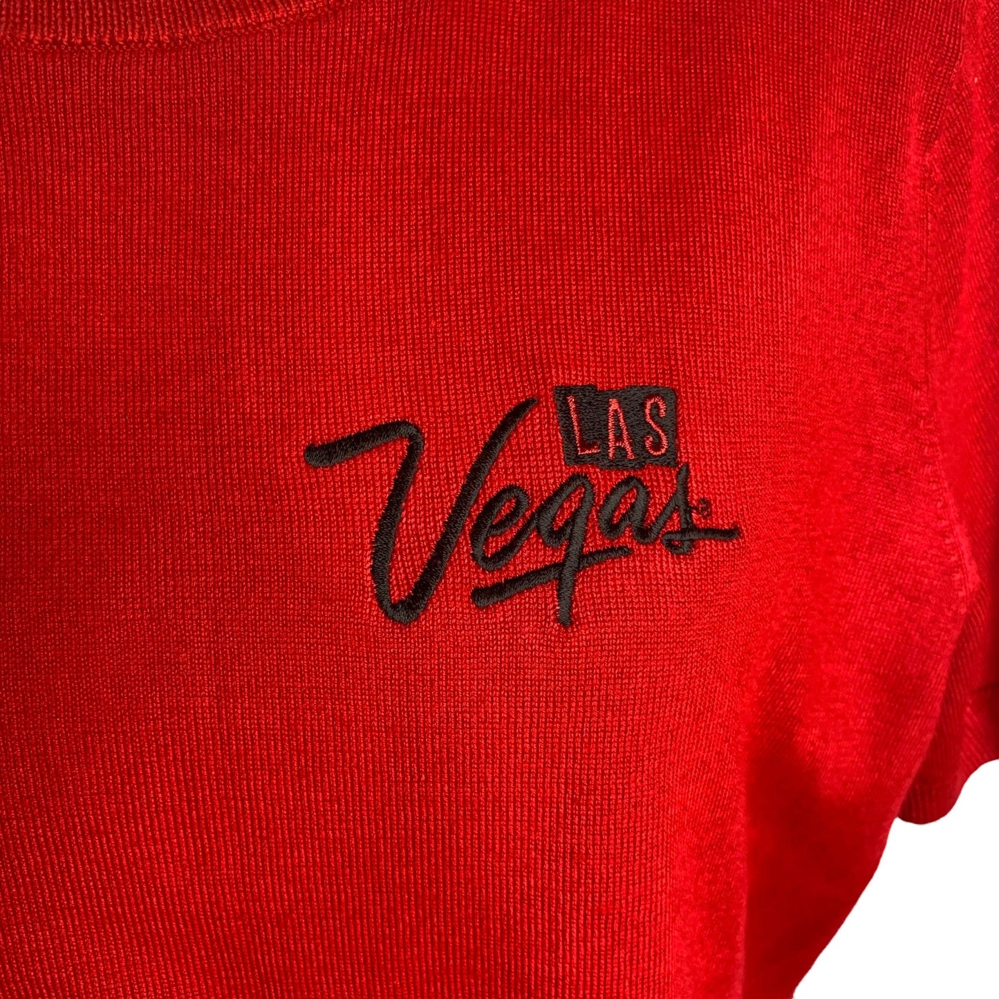 Lands End Embroidered Short Sleeve Sweater XL Red Las Vegas Knit Round Neck