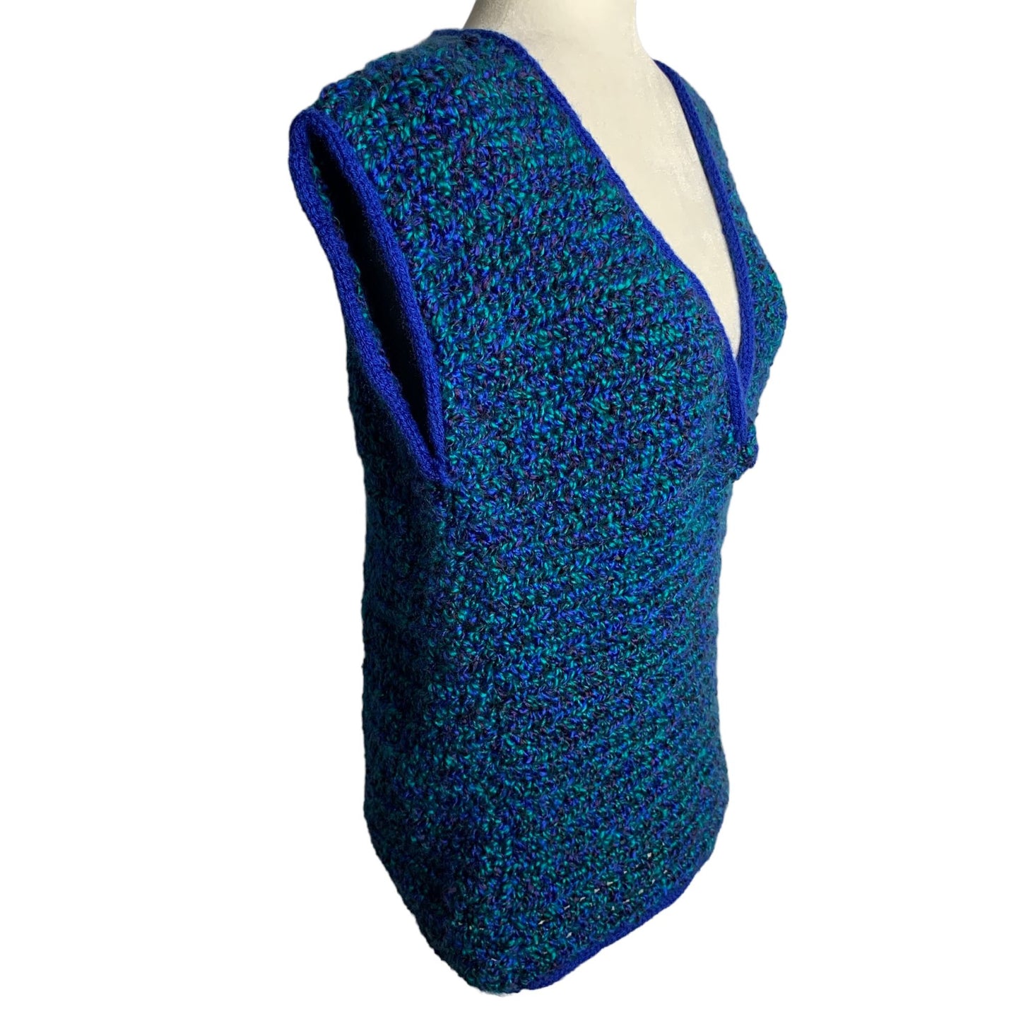 Vintage Handmade Knit Sweater Vest M Blue Green Sleeveless V Neck Soft Yarn