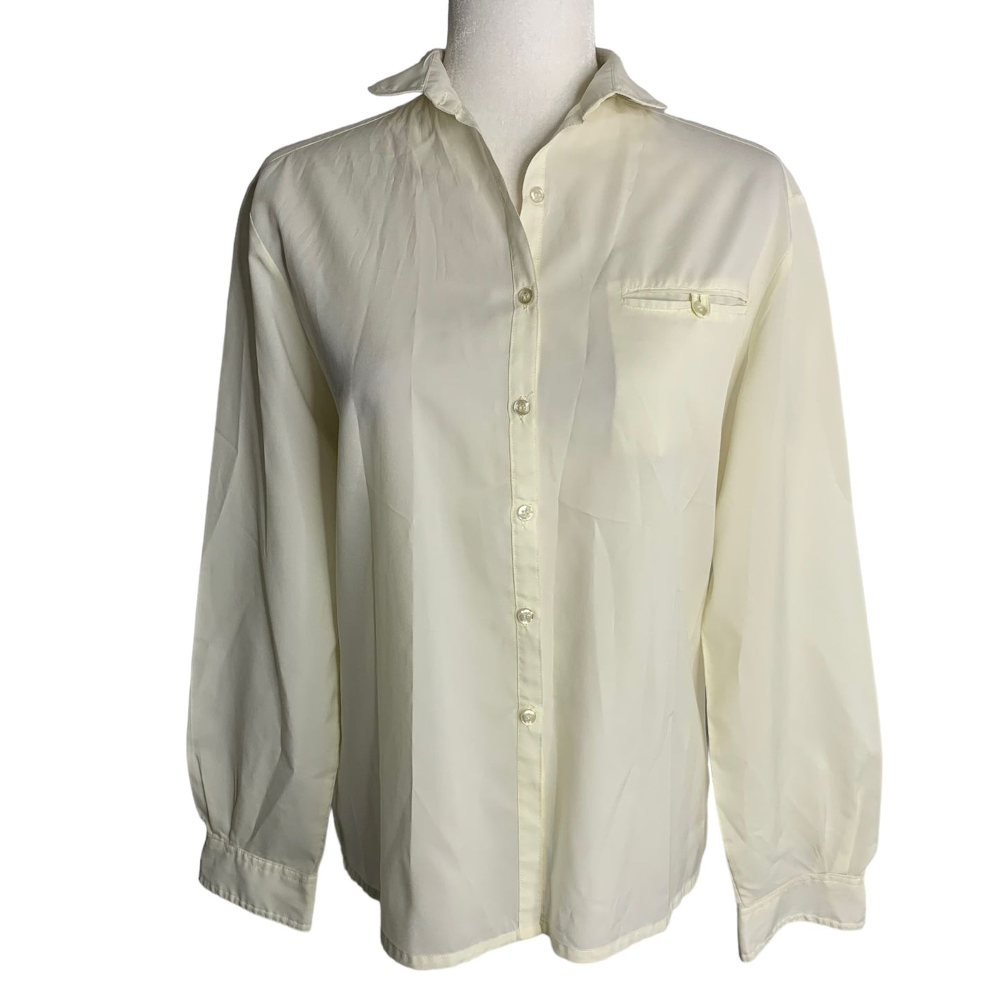 Vintage Button Up Long Sleeves Shirt M Cream Silky Chest Pocket Collared