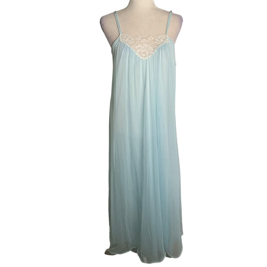 Vintage 70s Nylon Nightgown M Blue Pullover Lined Spaghetti Straps Low Back