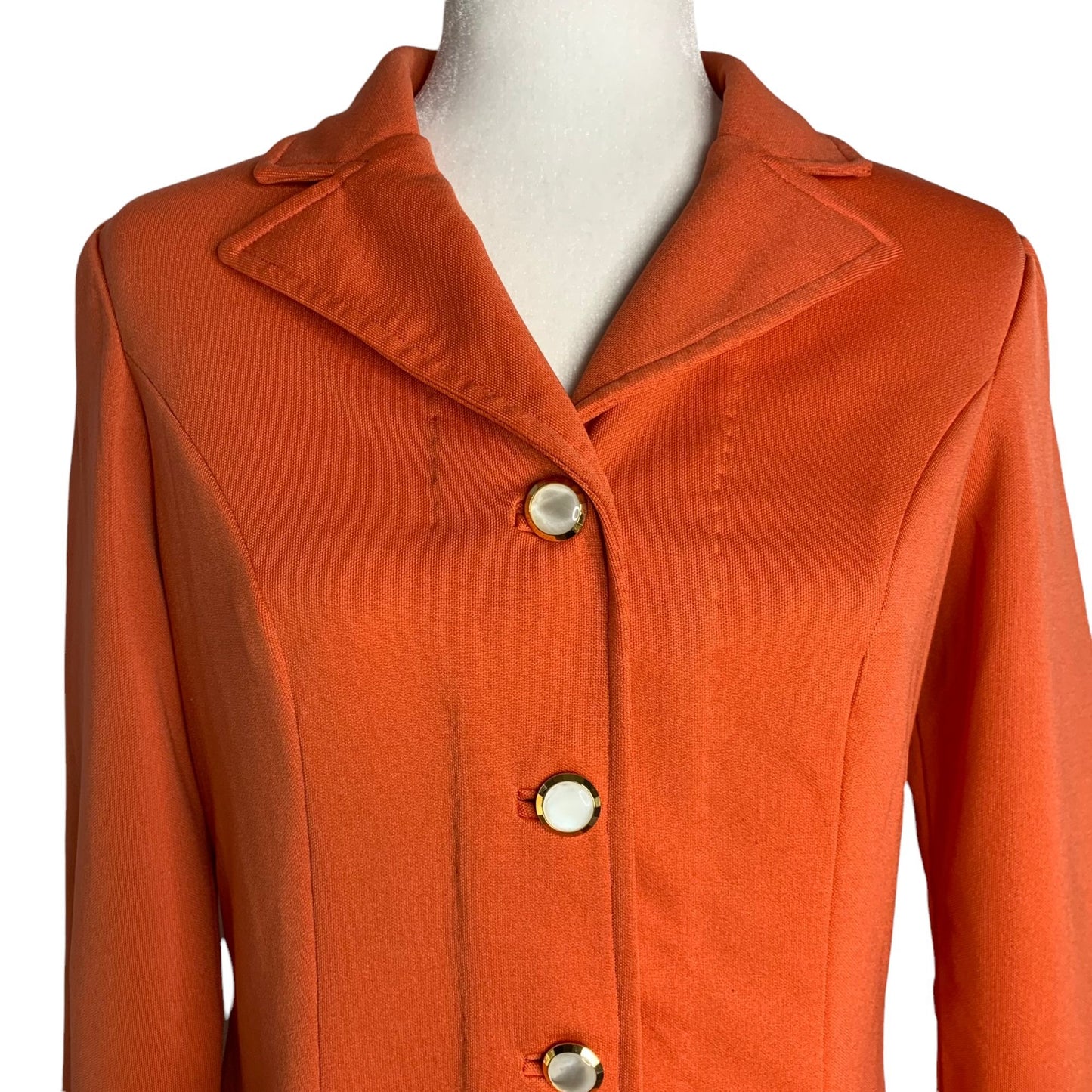 Vintage 70s Leisure Pant Suit S Orange Stretch Knit Buttons Pockets Zipper