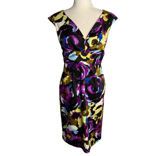 Donna Ricco Sleeveless Sheath Dress 4 Black Floral Zip V Neck Partially Lined