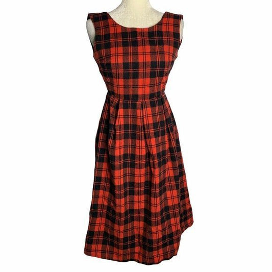 Nana For You Pinafore Wool Midi Dress S Red Plaid Open Back Zip Sleeveless