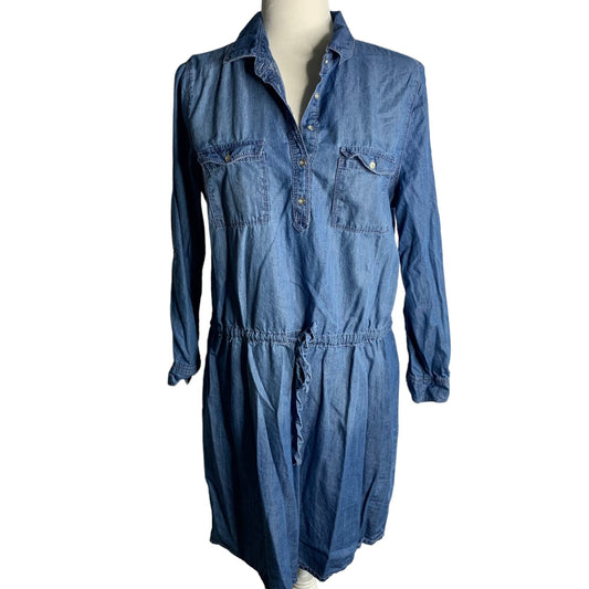 Gloria Vanderbilt Denim Chambray Dress M Blue Buttons Pockets Roll Tab Sleeves