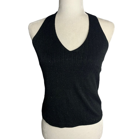 Vintage Y2K Xscape Cropped Halter Top S Black Metallic Button Neck Lined