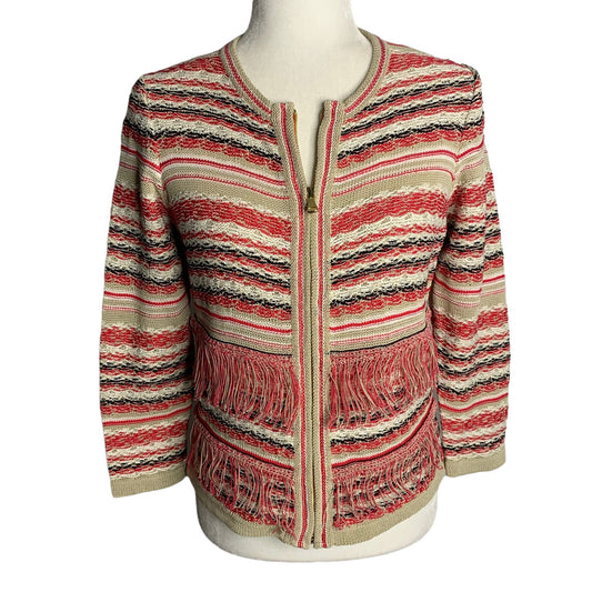 Carlisle Full Zip Cardigan Sweater S Beige Black Pink Knit Stripe Fringe