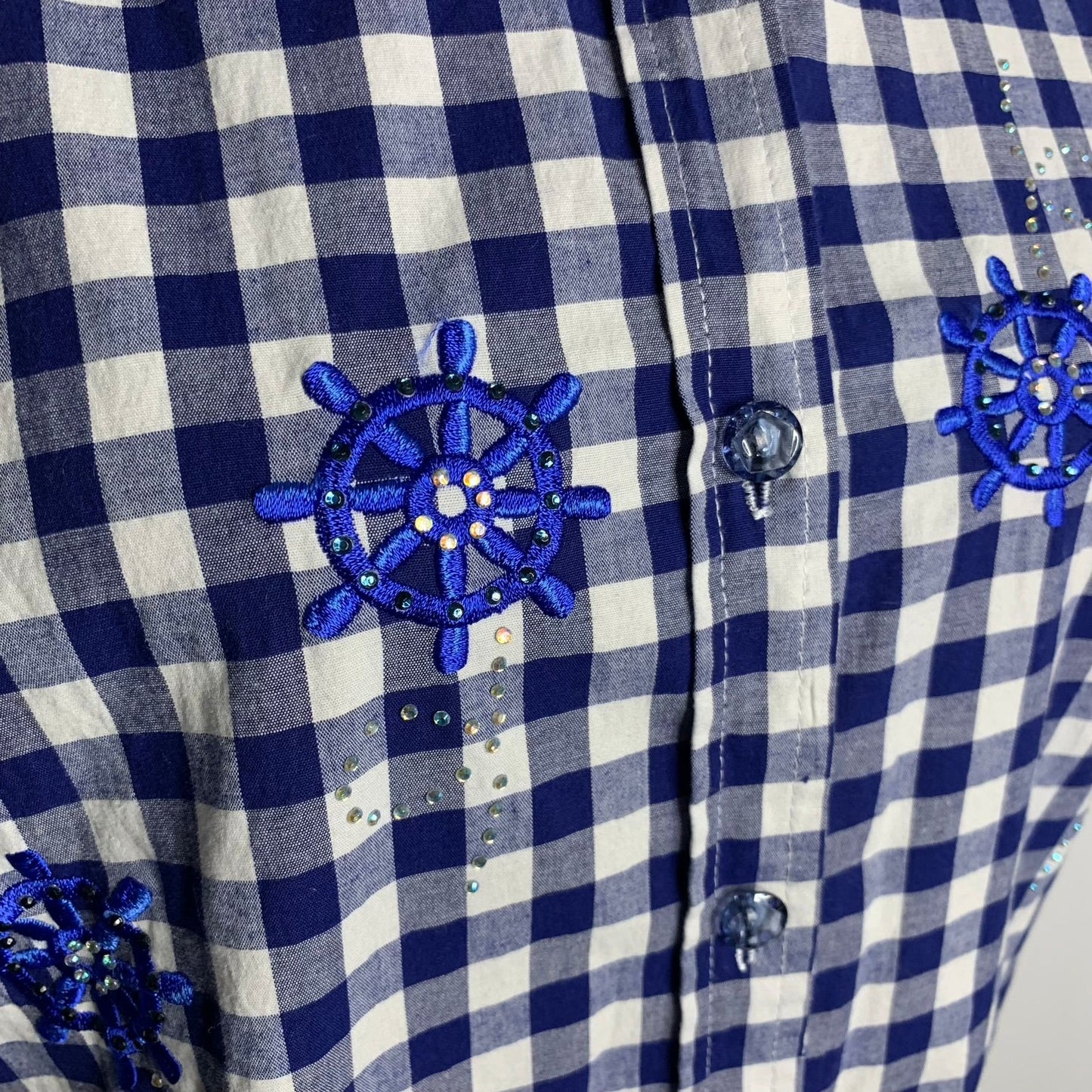 Quacker Factory Embroidered Button Up Shirt XXS Blue Gingham Short Sleeves