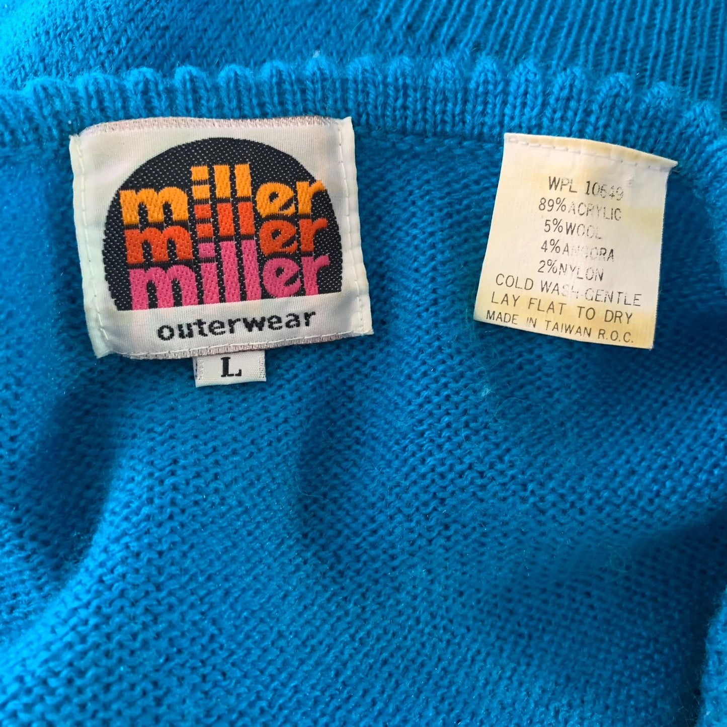 Vintage Miller Wool Angora Blend Sweater L Blue Knit Beaded Pullover Ribbed Trim