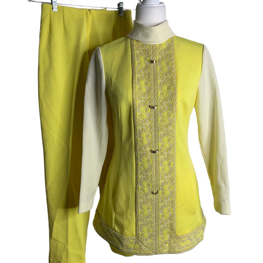 Vintage 60s 2 Piece Stretch Knit Pant Set S Yellow High Neck Pockets Zipper