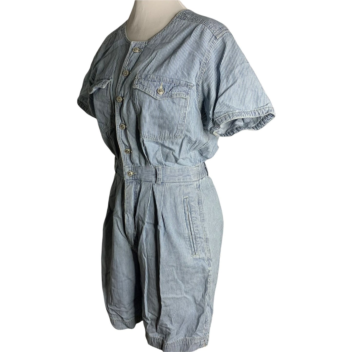 Vintage Gloria Vanderbilt Denim Romper M Blue Striped Buttons Pockets Elastic