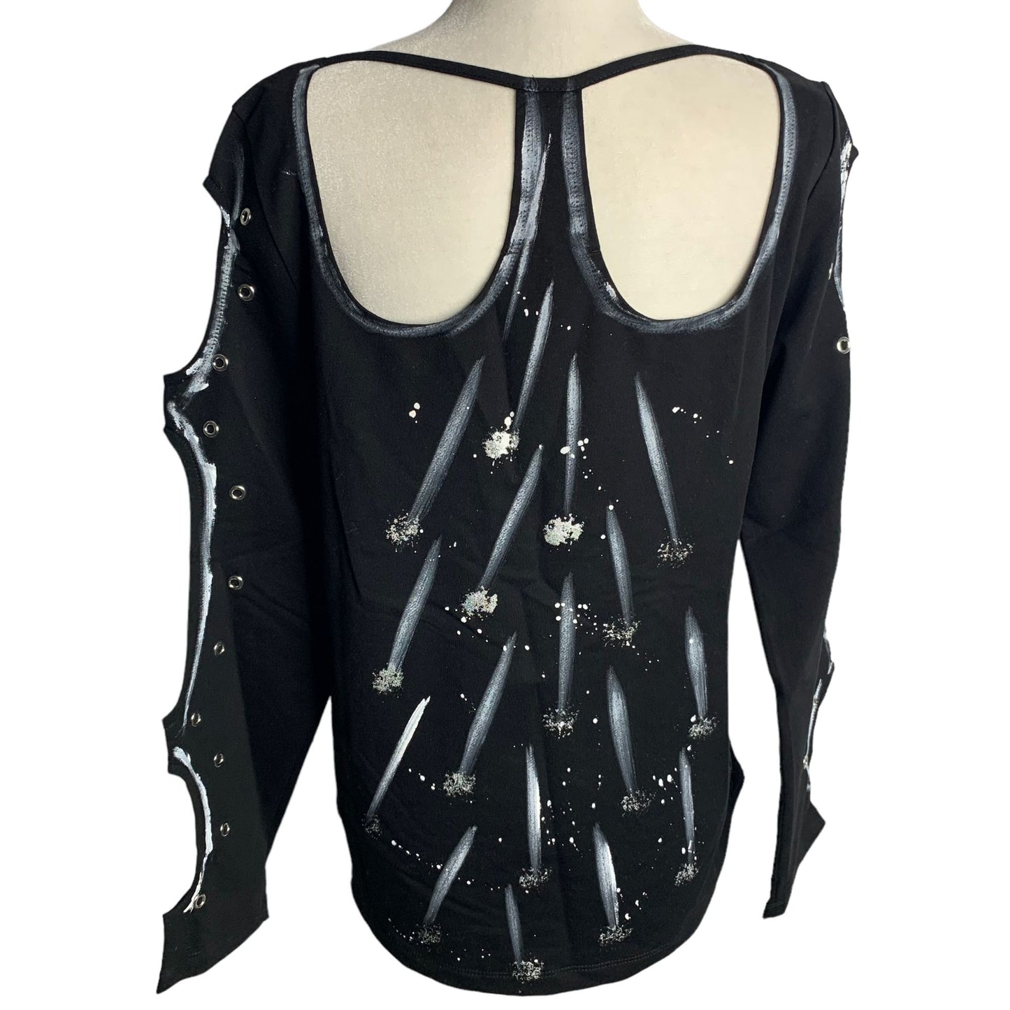 Olyss Hand Painted Fabulous Cut Out Top XL Black Long Sleeve Rhinestones Rivets