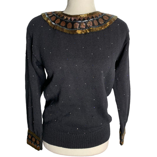 Vintage 90s Bonnie Boerer Beaded Sweater S Black Pullover Knit Hook Loop Collar