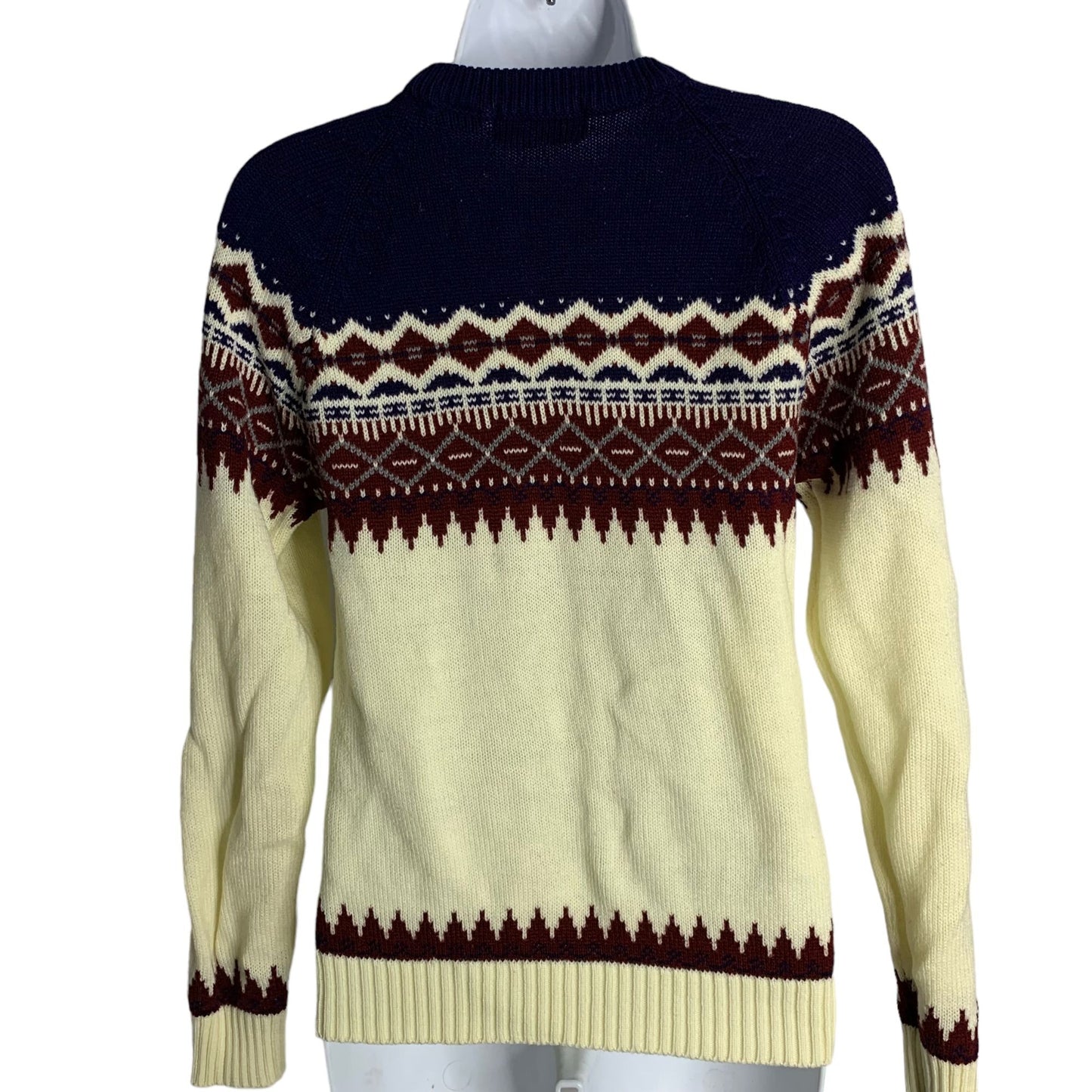 Vintage 90s Fair Isle Ski Sweater S Cream Knit Pullover Crewnwck Long Sleeves