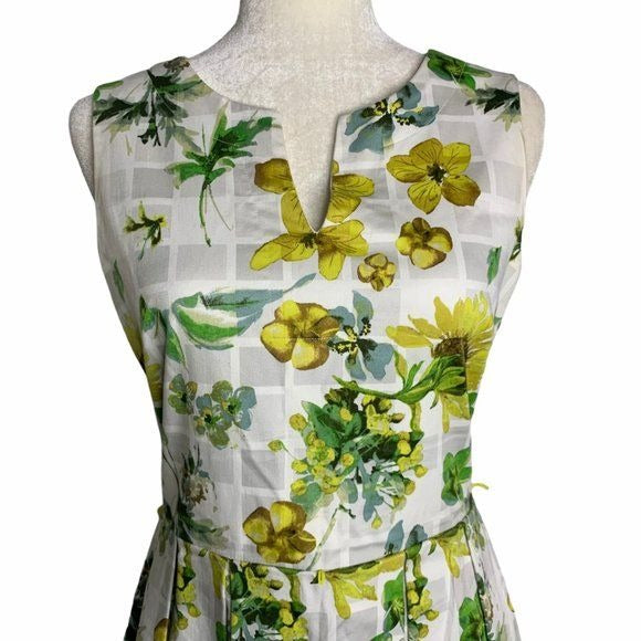 Julian Taylor Pleated Sleeveless Dress 8 White Floral Split V Zip Lined Pockets