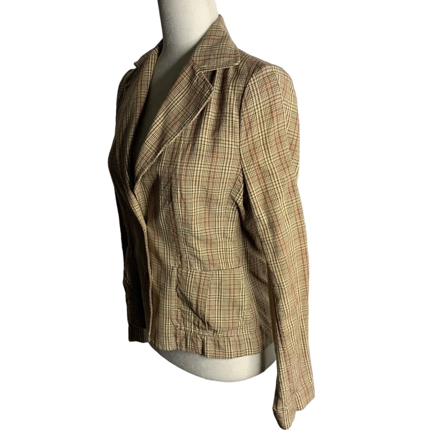 Vintage Y2K Banana Republic Linen Blend Blazer 6 Brown Plaid Buttons Pockets