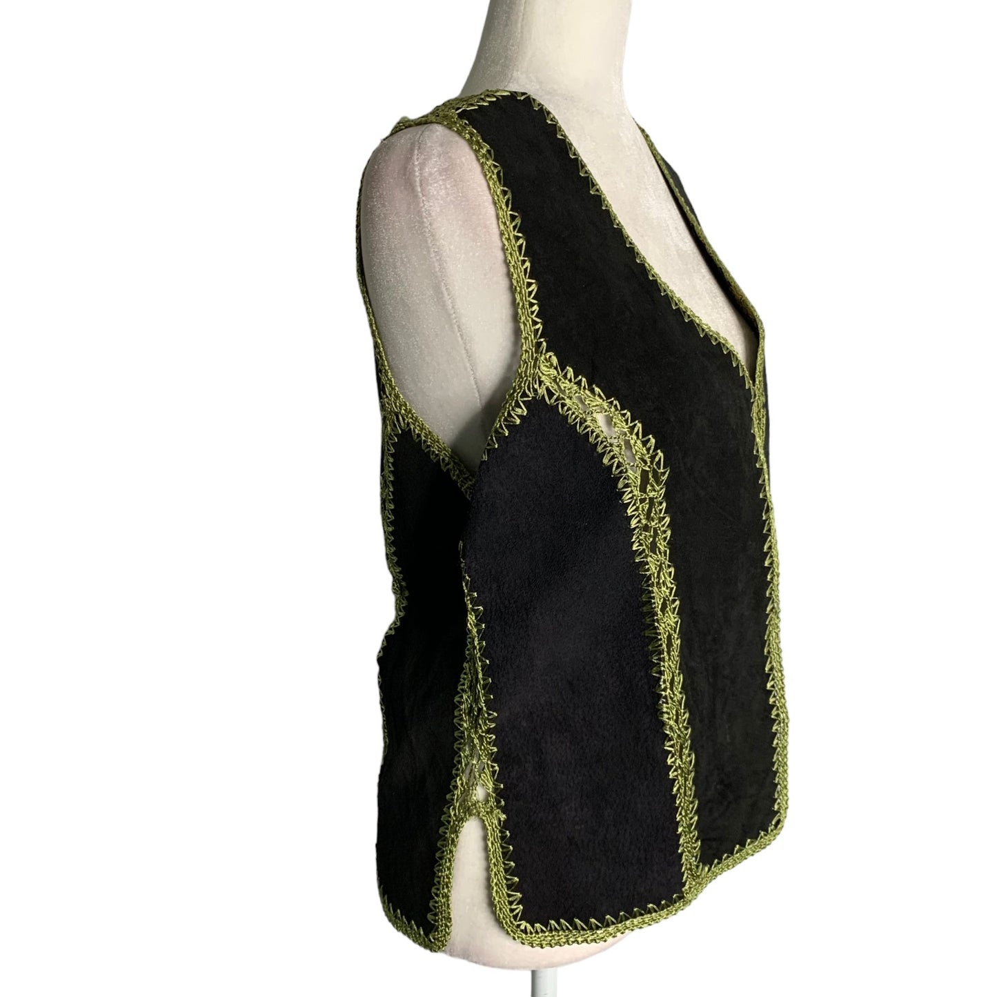 Reversible Crochet Embroidery Leather Vest S Black Floral Button Up Festival