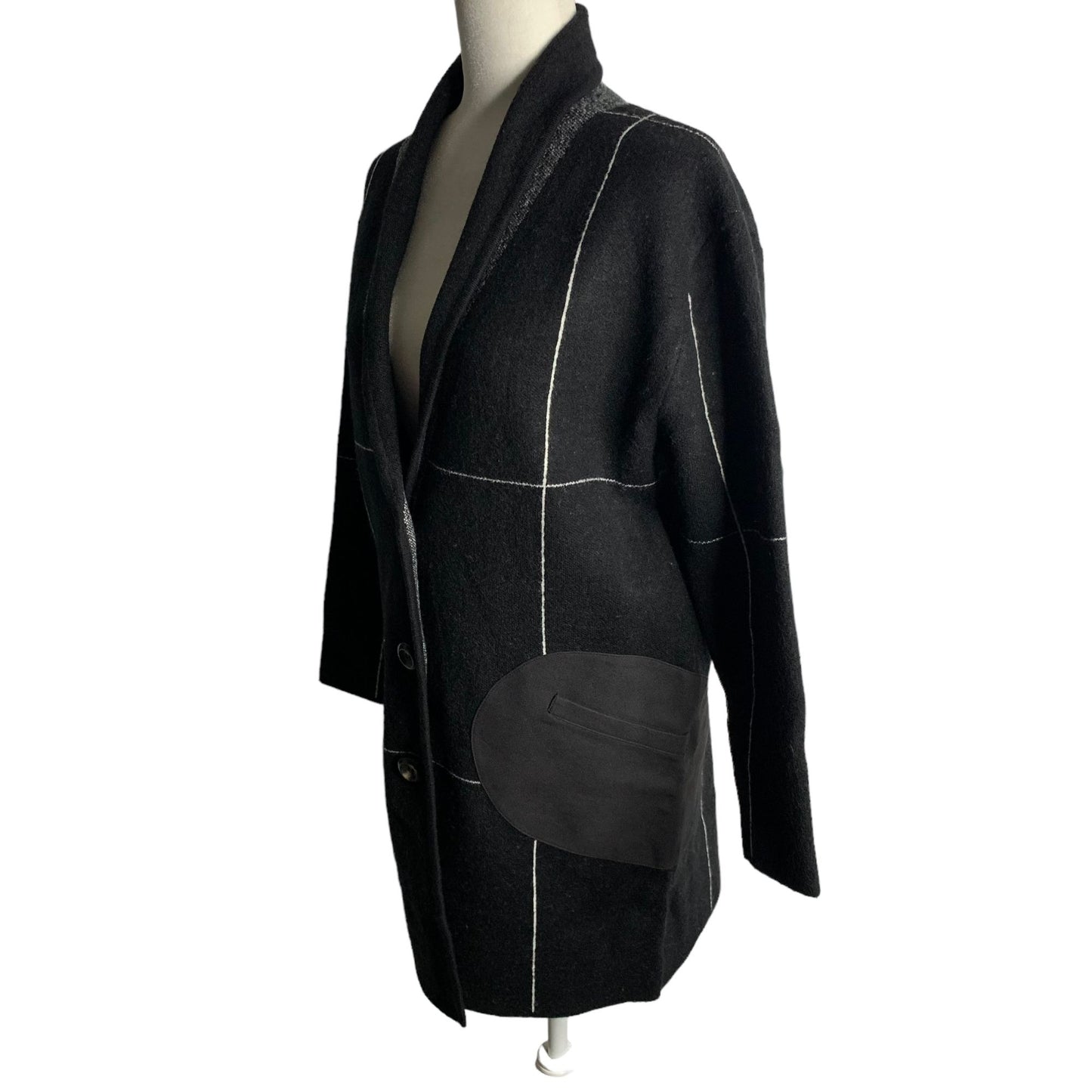 Kerisma Shawl Collar Grid Coat S/M Black Buttons Faux Leather Pockets Patches