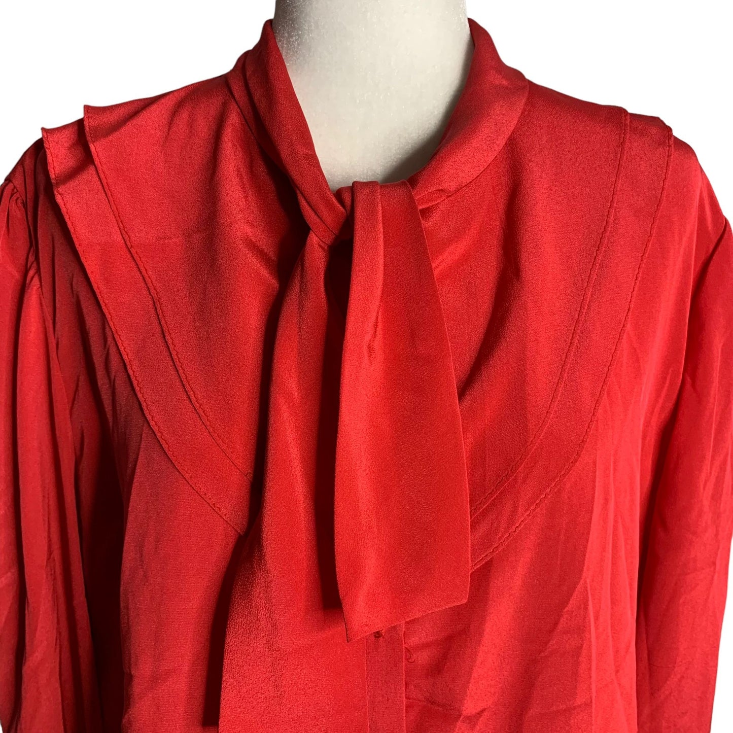 Vintage 80s Button Up Secretary Blouse L Red Long Sleeve Tie Bow Layered Collar