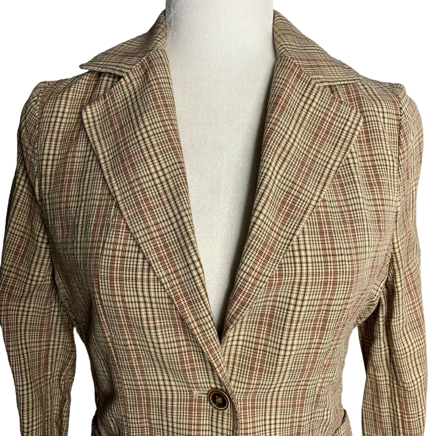 Vintage Y2K Banana Republic Linen Blend Blazer 6 Brown Plaid Buttons Pockets