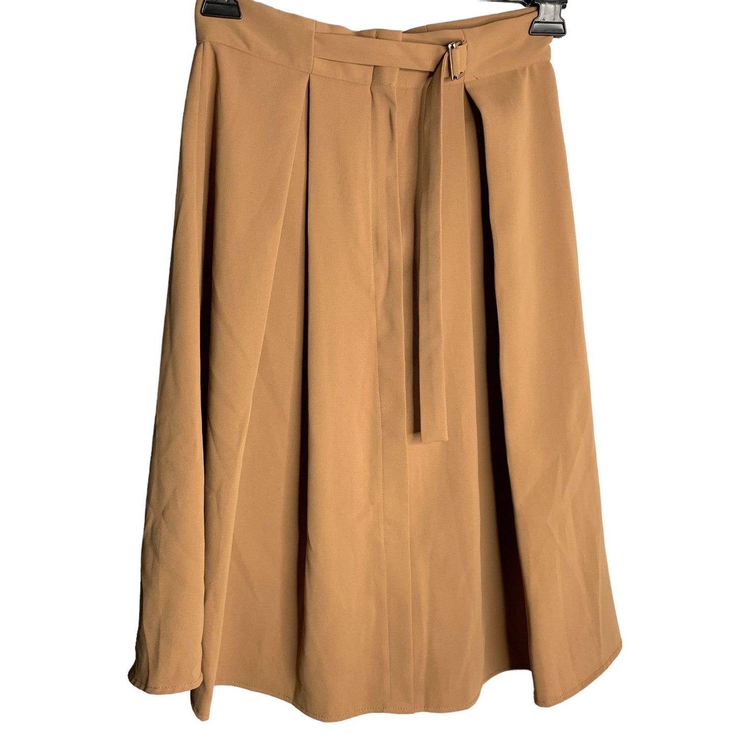 Bless Pleated Midi Swing Skirt M Camel Brown Belted Waist Zip Korean Fashion