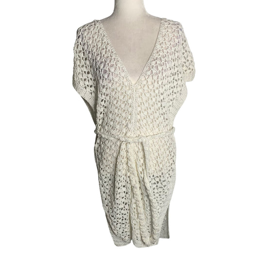 Handmade Loose Knit Cover Up Poncho One Size White V Neck Tie Belt Open Sides