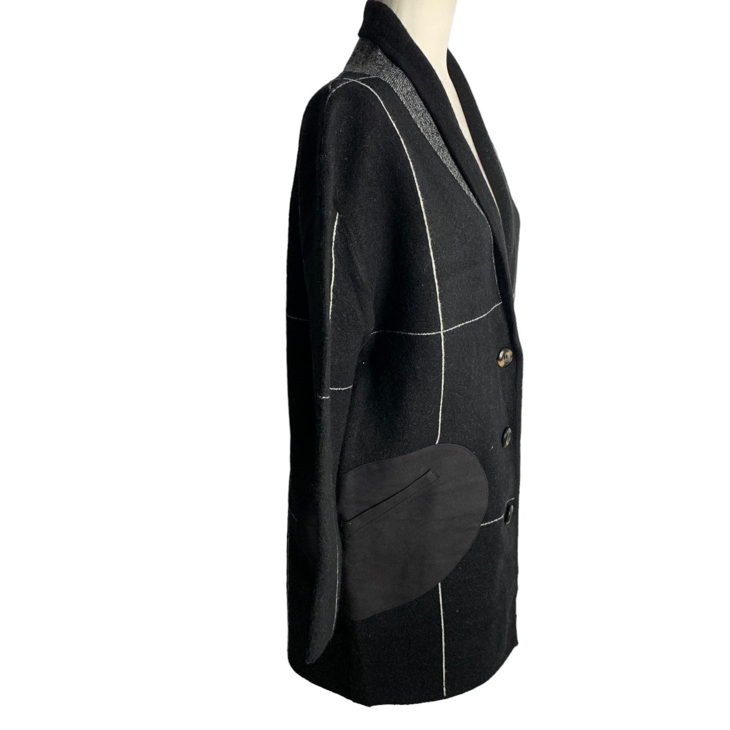 Kerisma Shawl Collar Grid Coat S/M Black Buttons Faux Leather Pockets Patches