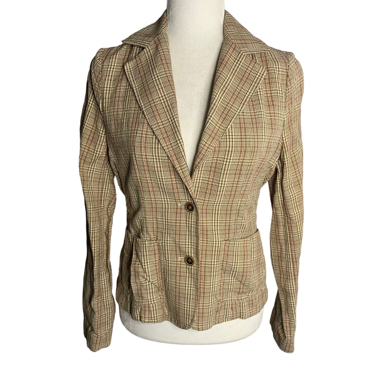 Vintage Y2K Banana Republic Linen Blend Blazer 6 Brown Plaid Buttons Pockets