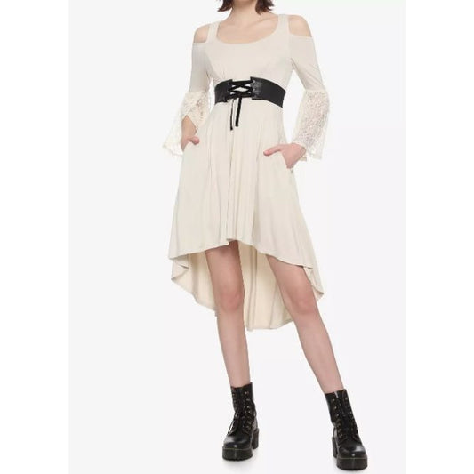 Hot Topic Cold Shoulder Hi Low Dress L Cream Lace Bell Sleeves Belted Zipper