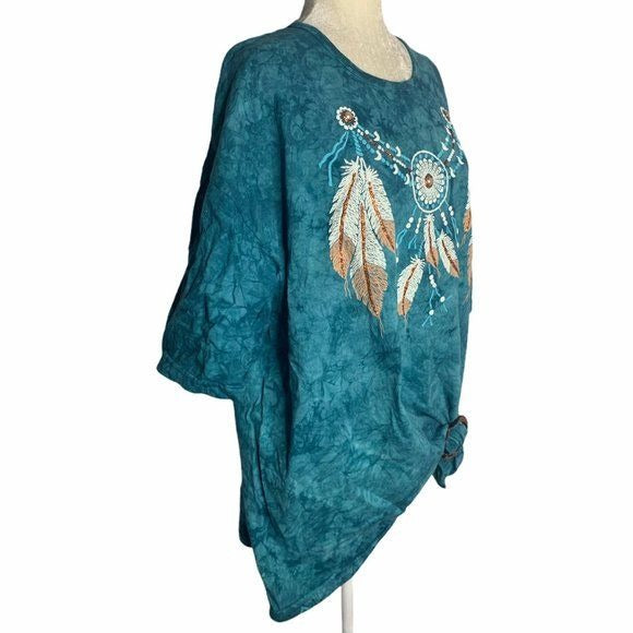 Vintage 90s Native American Tie Dye T Shirt XL Blue Green Painted Feathers Vegas