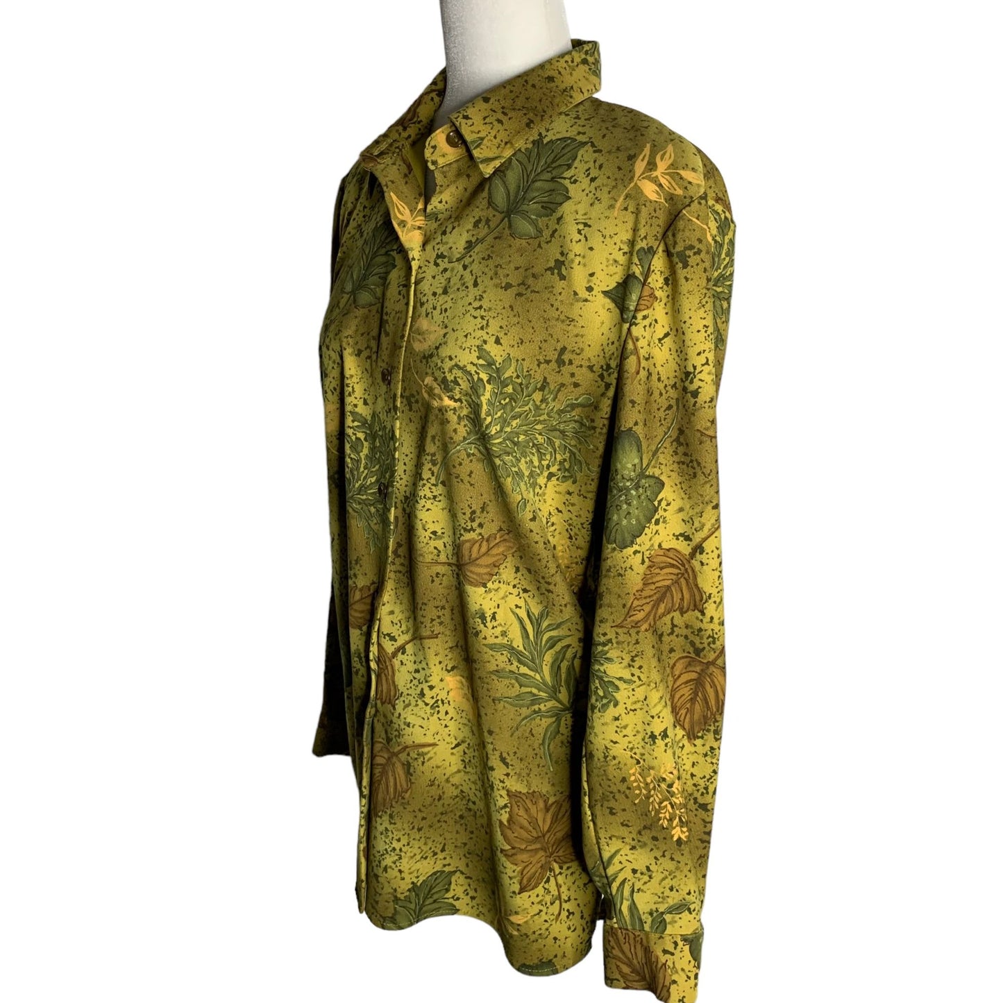 Vintage Microfiber Button Up Shirt M Green Leaves Floral Long Sleeve Collar