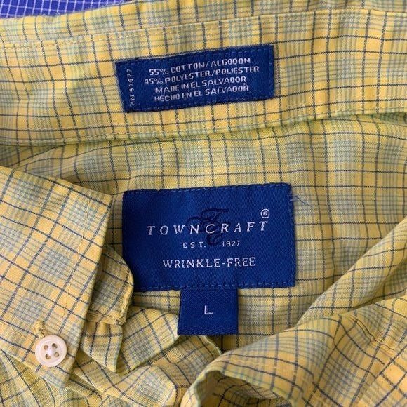 Towncraft Button Down Short Sleeve Shirt L Yellow Plaid Chest Pocket No Wrinkle